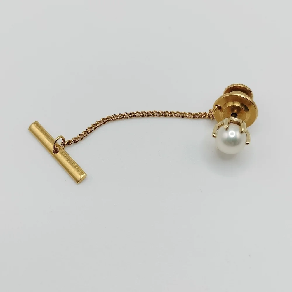 Vintage Golden Pearl Tie Tack 1960s Pin Men's Suit Formal Classic Luxury